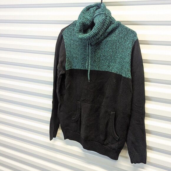 Black Size Small Teal & Black Color Block Cowl Neck Pullover Hoodie Sweater - Picture 2 of 8